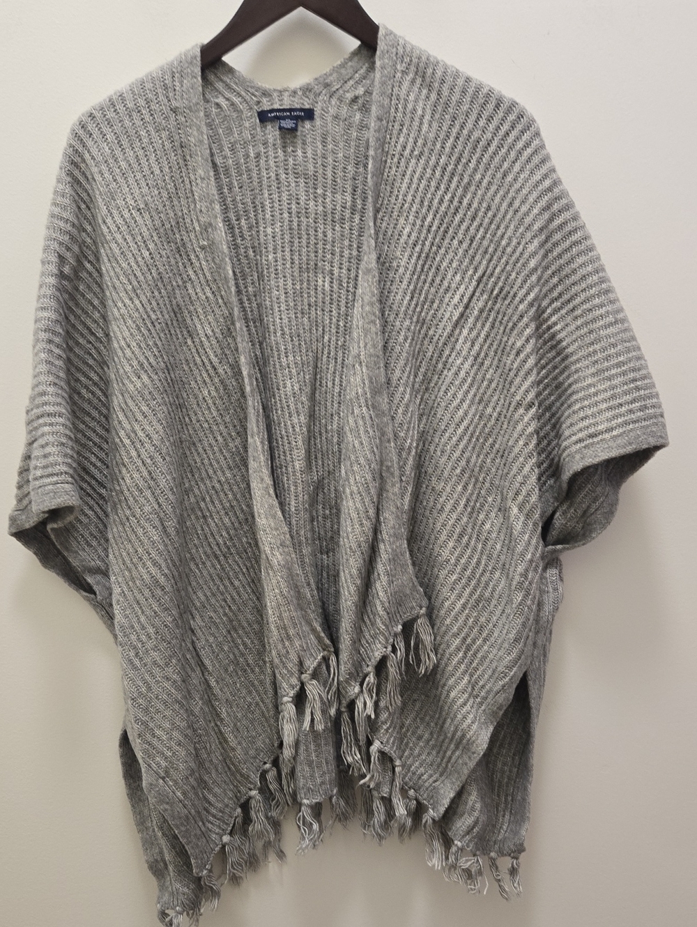 American Eagle Light Grey Ribbed Fringe Knit Poncho